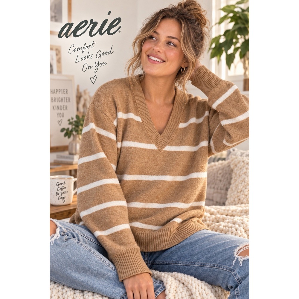 Aerie Women's M Oversized V-Neck Sweater Camel Brown Cream Striped Cozy Knit